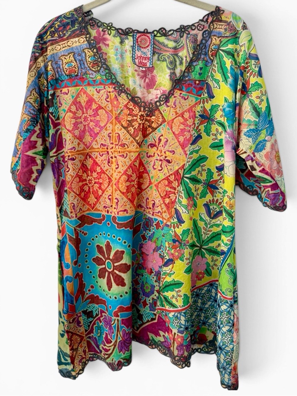 Johnny Was Patchwork Floral Cotton Tunic Top Crochet Lace Trim Boho Luxe Small